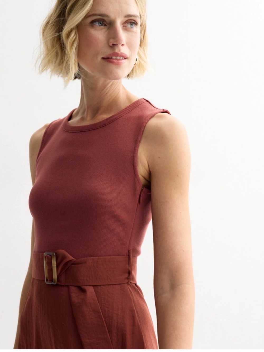 Nine West Rust Red Sleeveless Midi Dress with Belt